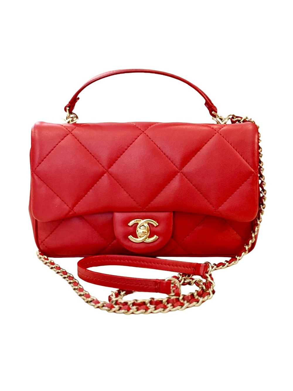 CHANEL Red Quilted Leather Mini Flap Crossbody with Gold Chain